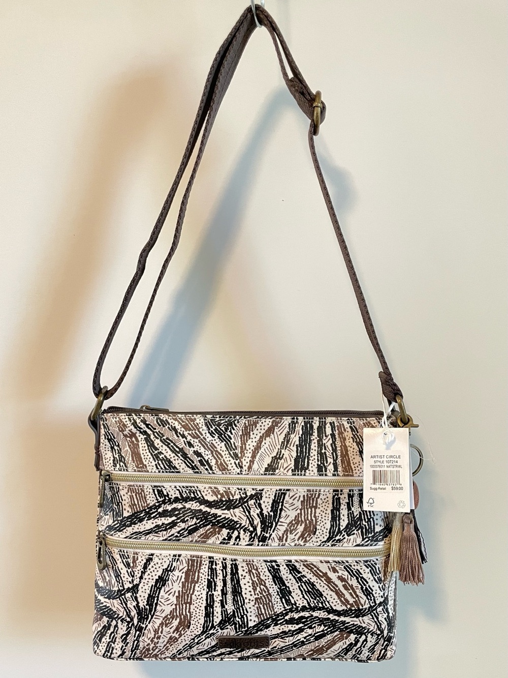 NWT Sakroots Brown, Cream & Black Abstract Pattern Crossbody Bag